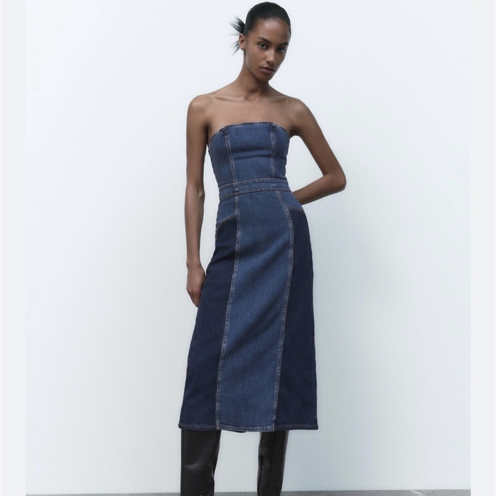 Zara Two-Tone Strapless Denim Midi Dress - Blue